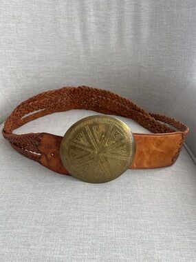 Vintage Moroccan Braided Brown Leather Belt with Large Etched Brass Buckle